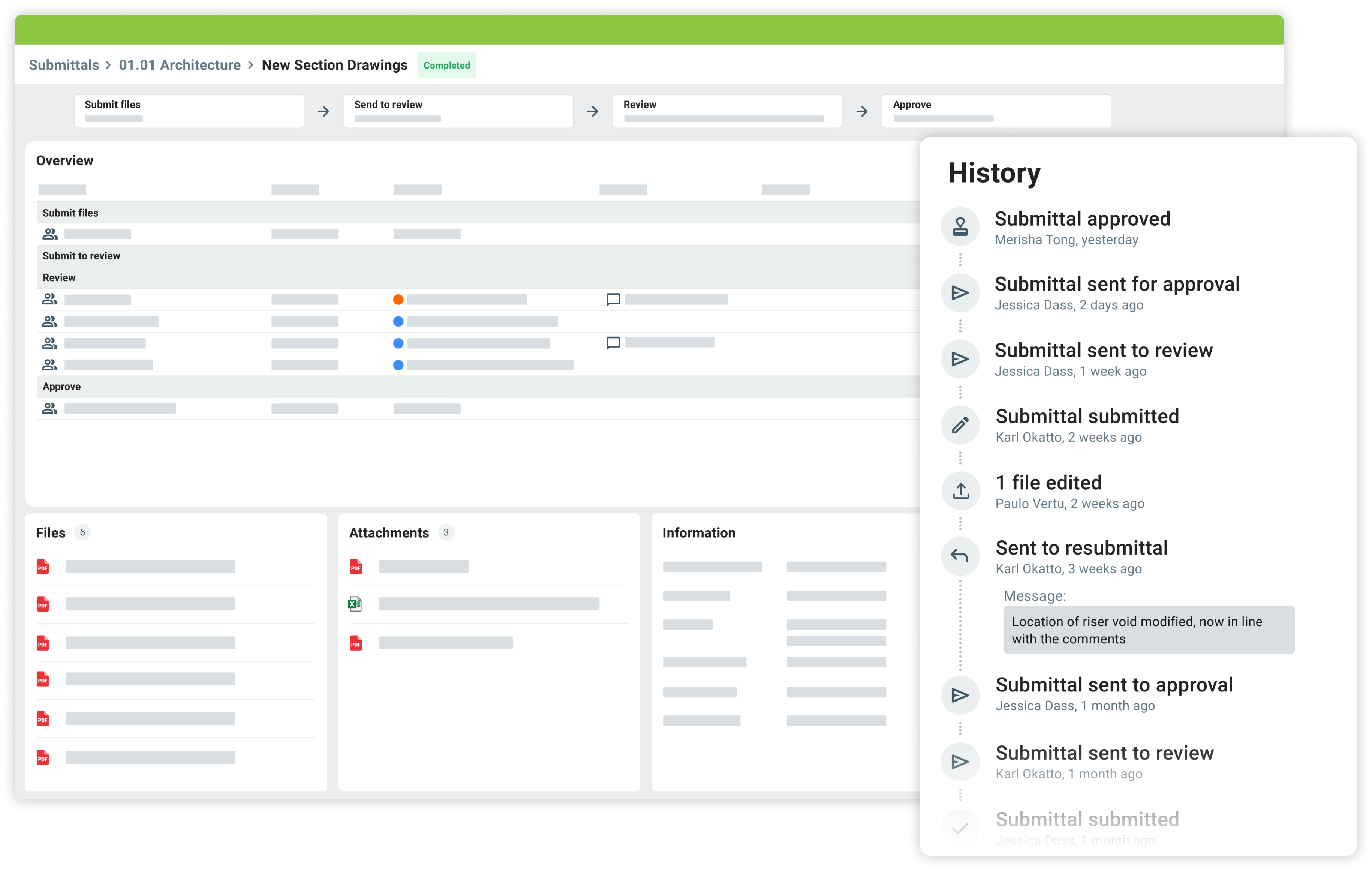 Picture showing the history of a submittal of construction drawings and files