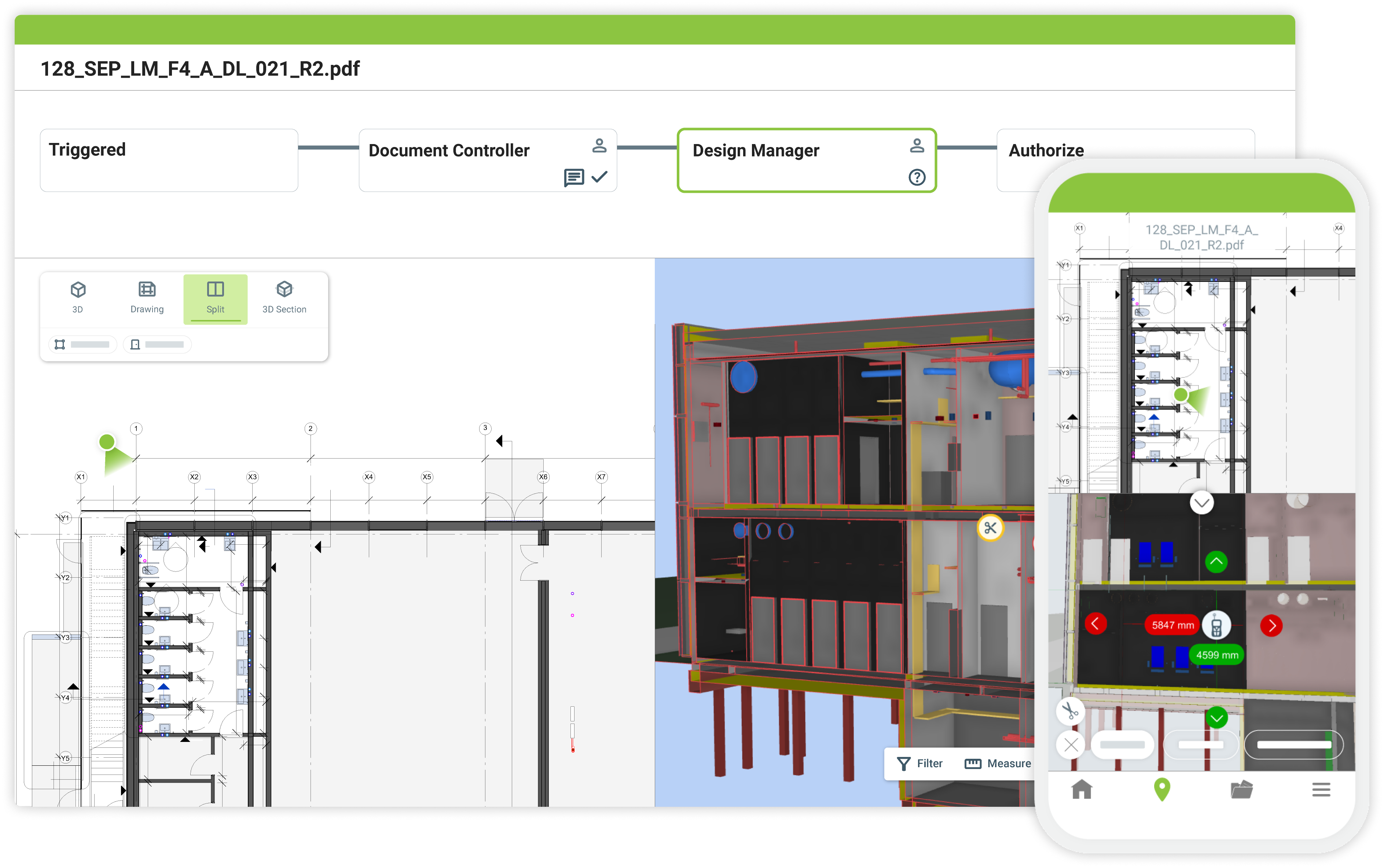 Picture showing the approval process of a 2D construction drawing next to a cut BIM model on desktop and mobile