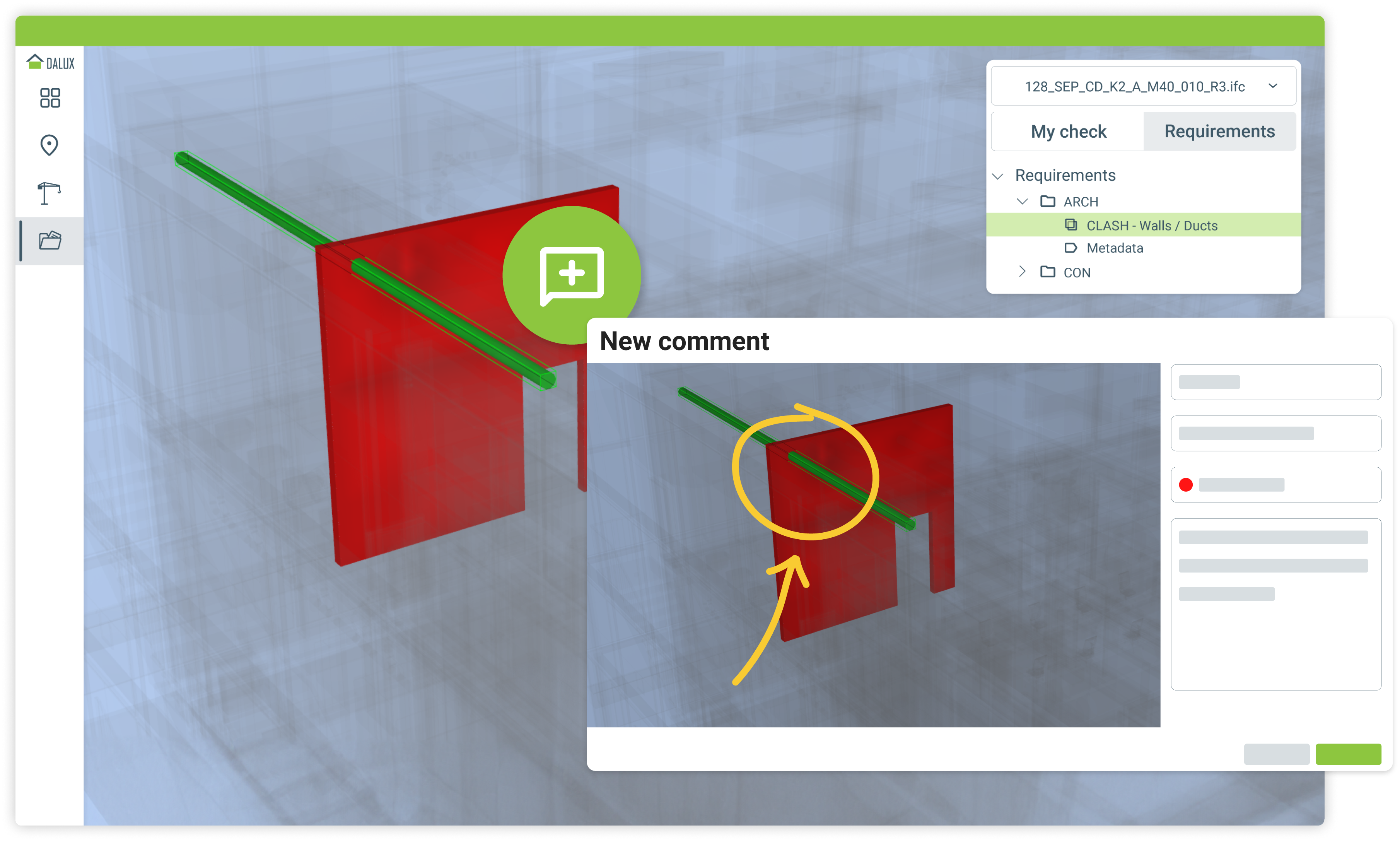 Picture showing a hard clash of a pipe and a wall with a pop-out of a comment being created based on this clash