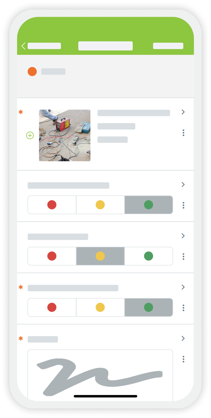 Mobile view of a Dalux Field safety issue report, featuring a checklist with status indicators, an image of a construction site, and a digital signature field.