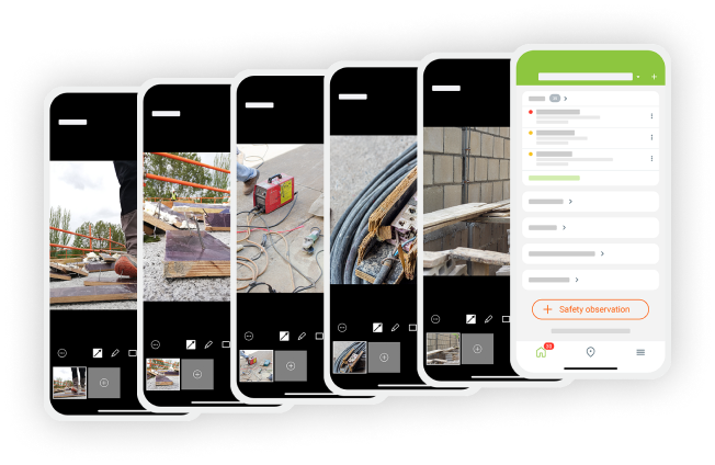 Multiple smartphones showing site report observations with photos on the Dalux app, illustrating streamlined on-site reporting
