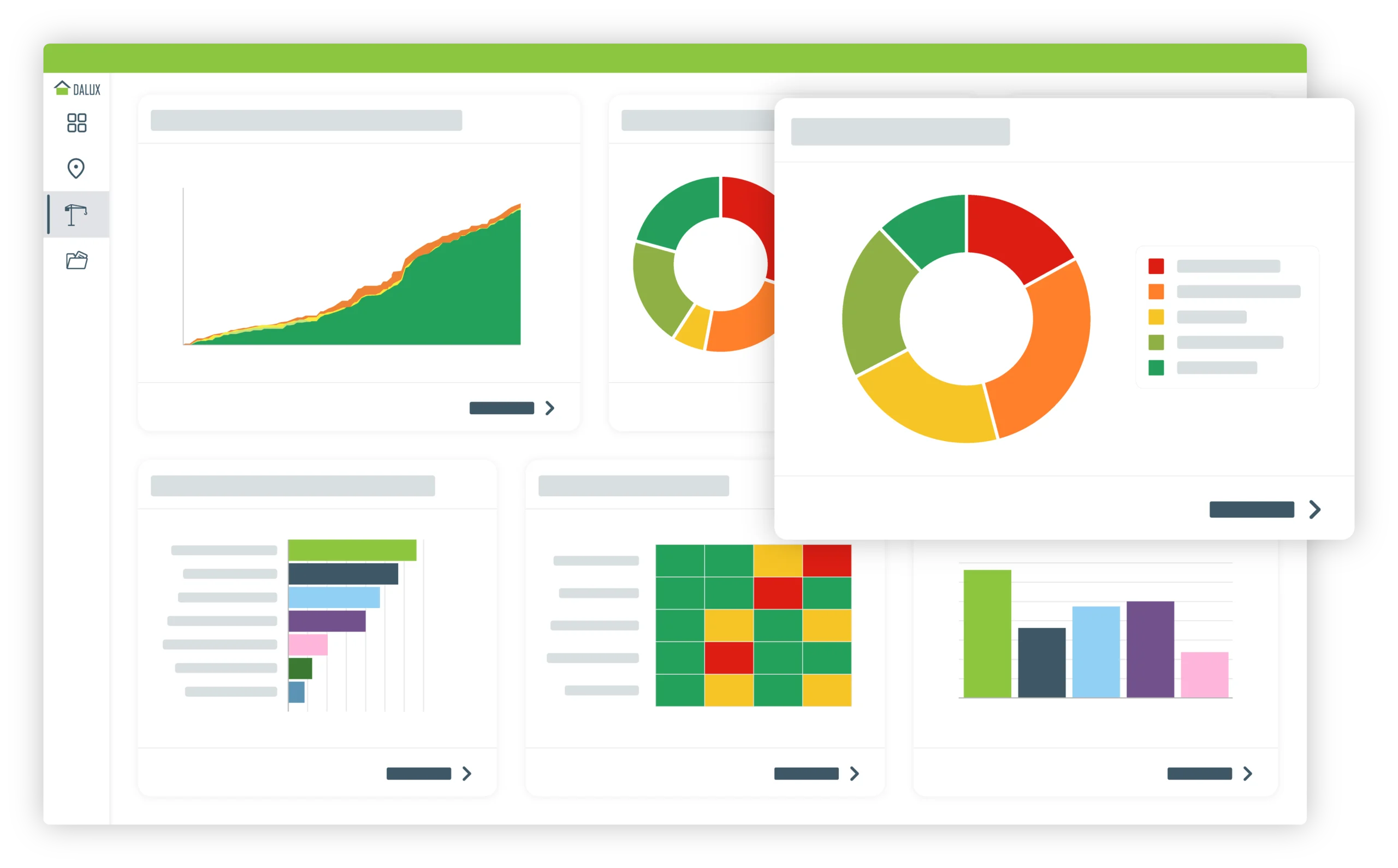 Dalux Field dashboard interface displaying various data visualizations, including line charts, pie charts, bar graphs, and heat maps, for project management insights.