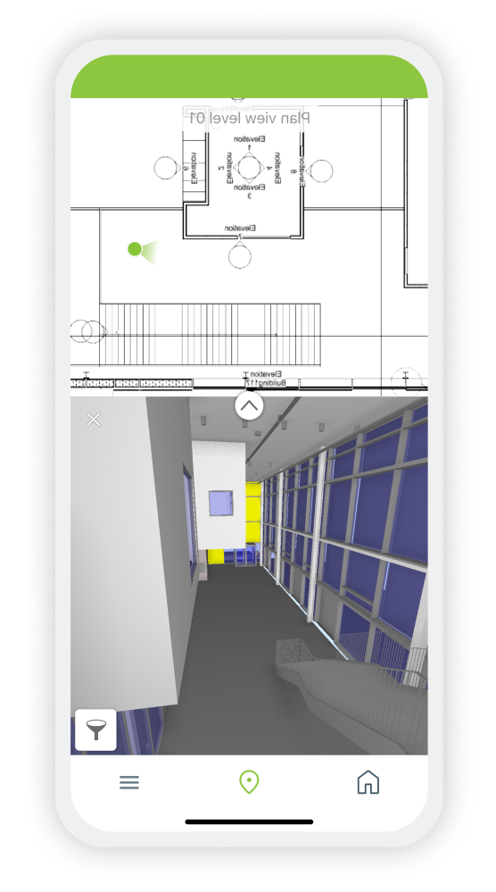 Smartphone displaying the Dalux app with a 3D and 2D view of a building, highlighting advanced construction project visualization features.