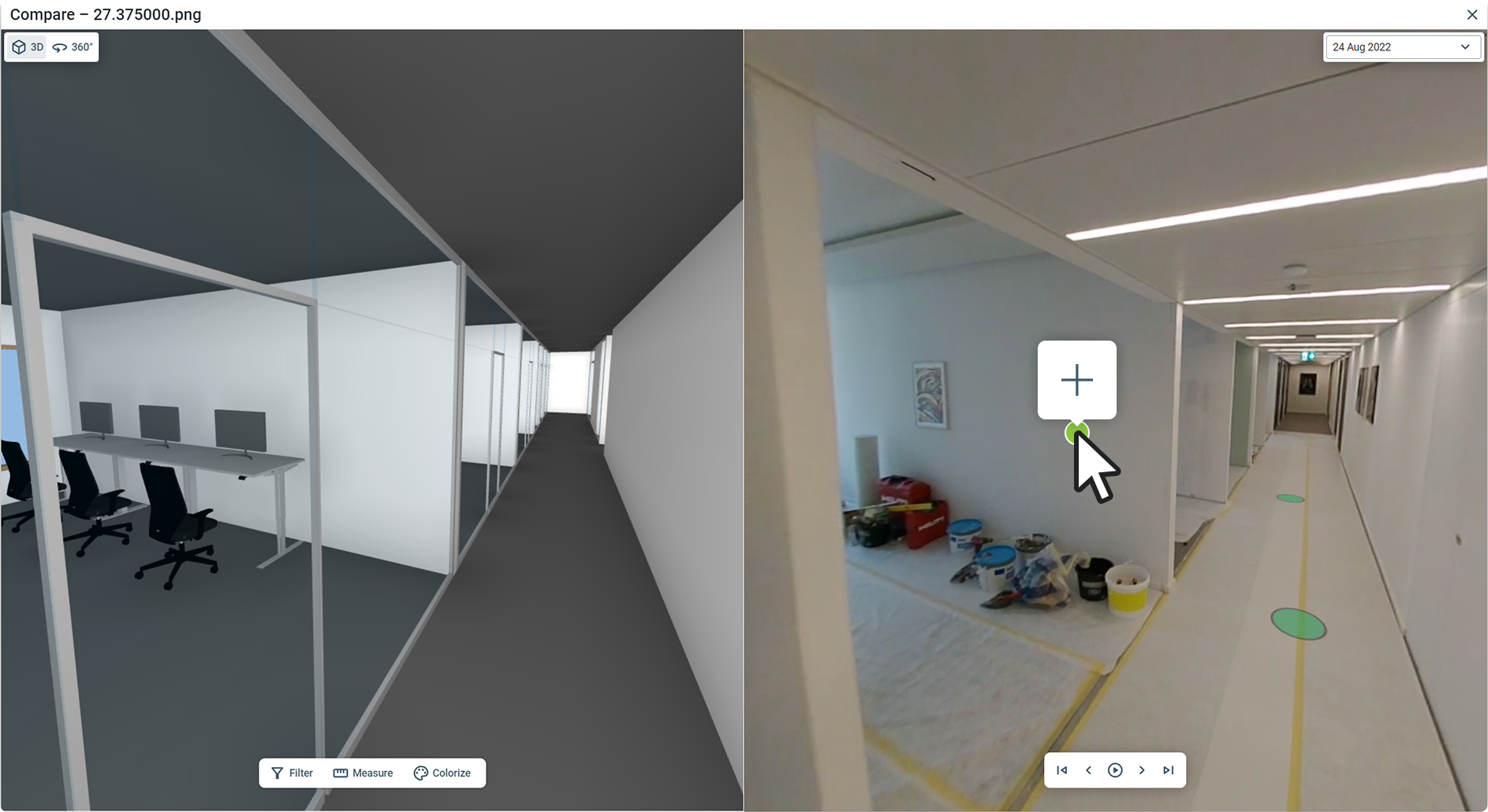 BIM compare feature on Dalux Field website, enabling users to track construction progress by comparing site photos with BIM models and creating filters for expected completion dates.